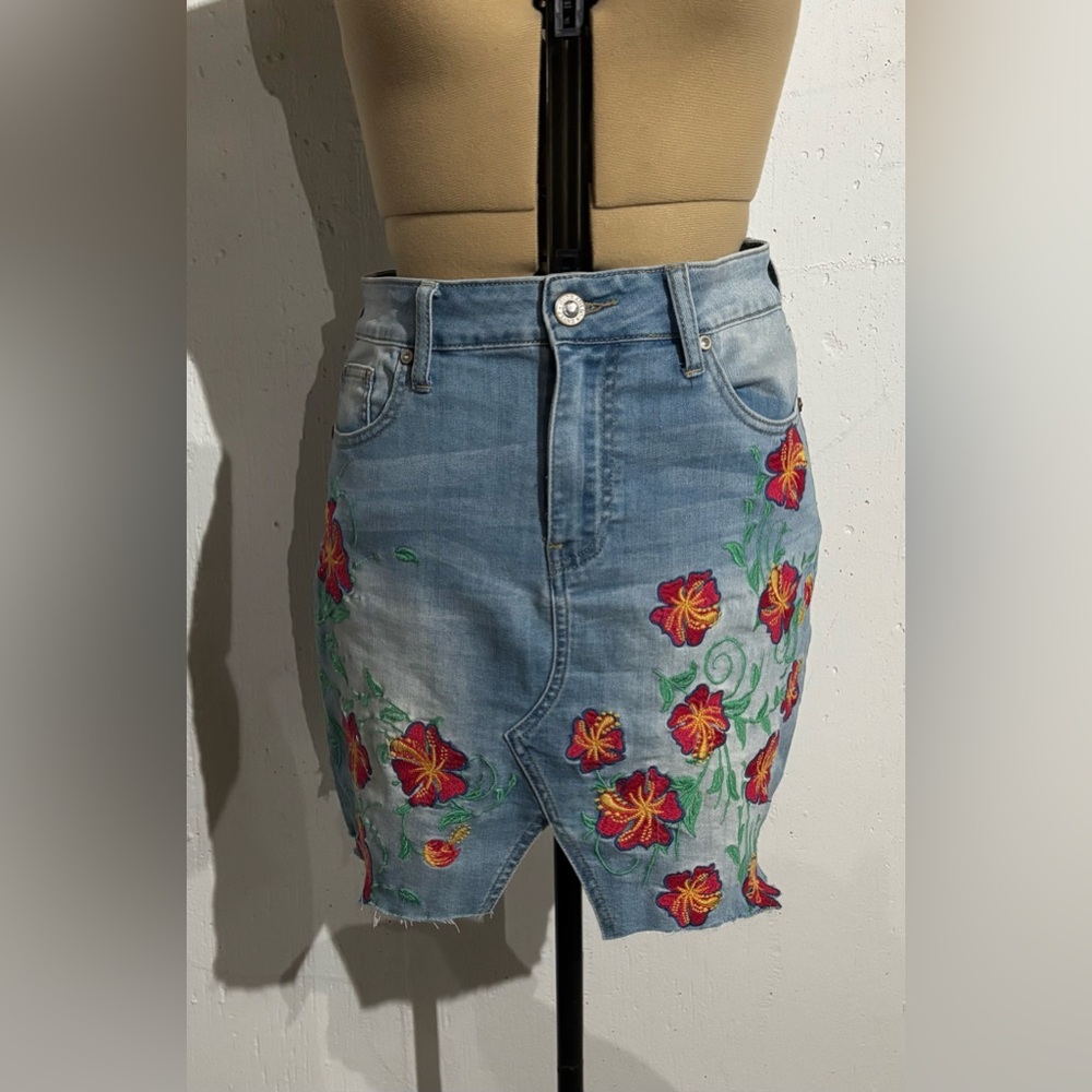 Hydraulic Blue Denim Skirt with Red Floral Design